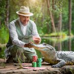 Firefly alligator playing poker with a human in a swamp 47220
