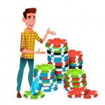 Young gambler with huge stack of poker chips isolated illustration vector